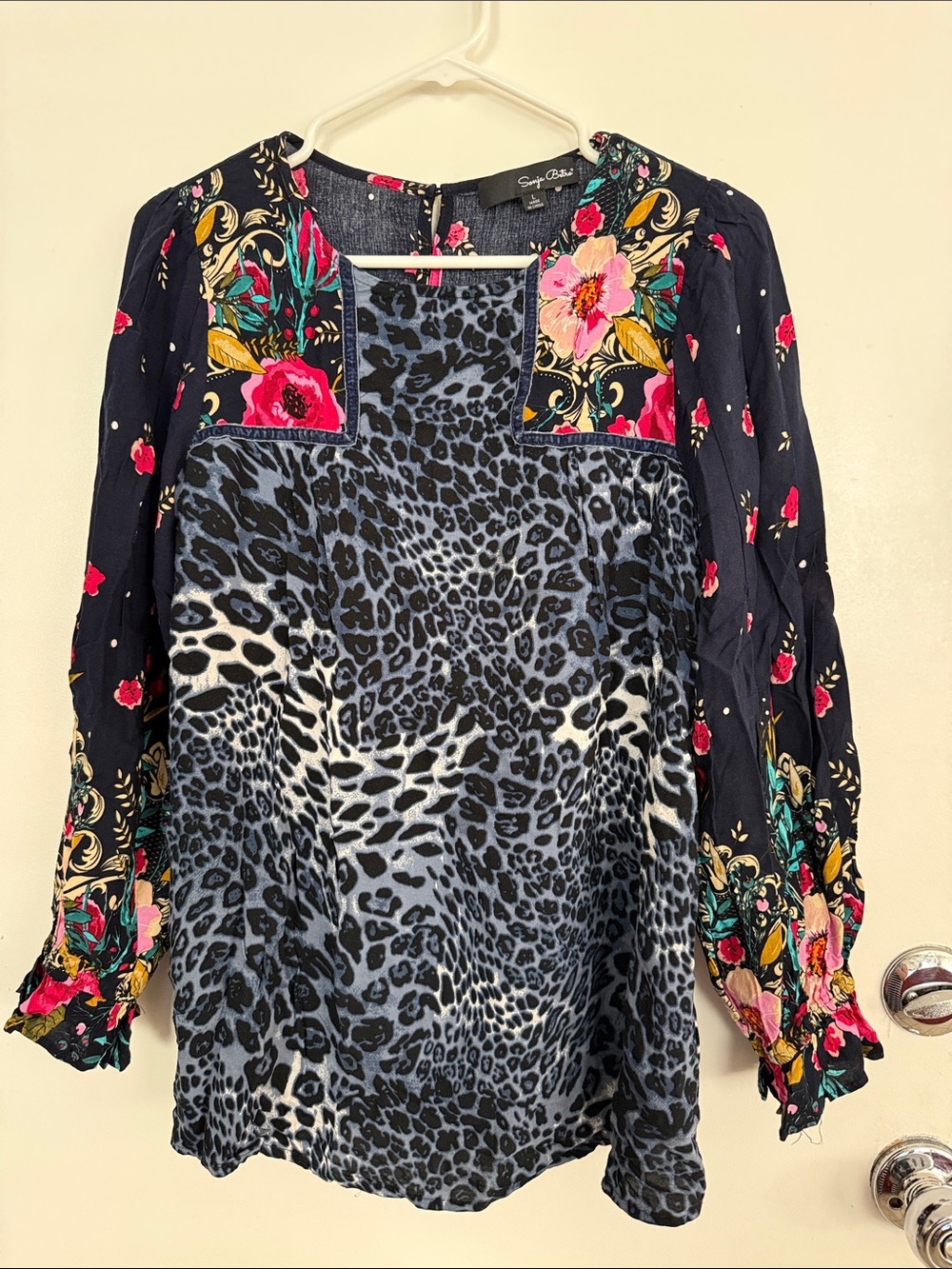 Mixed-Print Boho Floral & Leopard Square-Neck Blouse